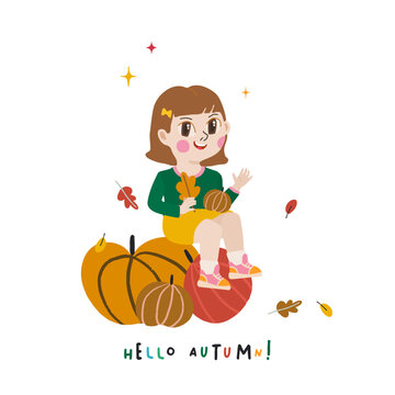 Cute girl sitting on pumpkins with fall leaves and Hello Autumn lettering in hand drawn vector style