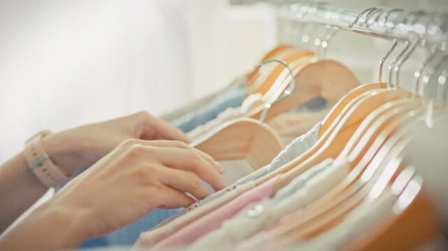 A girl's hands thoughtfully select garments from wooden hangers on a metal rack sparkling in sunlight carefully considering each item. Concept of fashion and creating a seasonal look