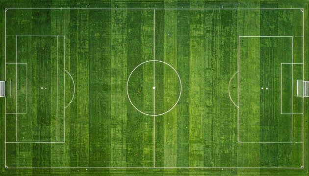 A minimalist top-down tactical diagram of a green soccer field with white boundary lines, center circle, and penalty boxes, rendered in a textured dotted style.