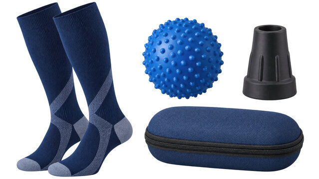 Collection of medical accessories, including compression socks, a massage ball, a cane tip, and a carrying case , Transparent Background, AI generative