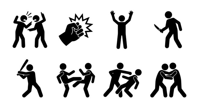 Violence Icons Set: Fighting, Punching, Kicking, Weapon Attack, Conflict, Aggression, Danger, Struggle, Combat, Brawl, Fight, Conflict, Aggression, Danger, Struggle, Combat, Brawl