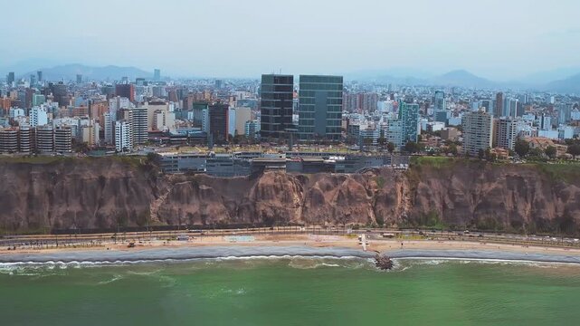 Aerial View of Miraflores Coastline and Skyline in Lima Peru