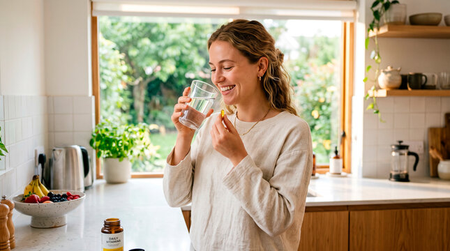 Young woman taking vitamin supplement in bright kitchen with natural light