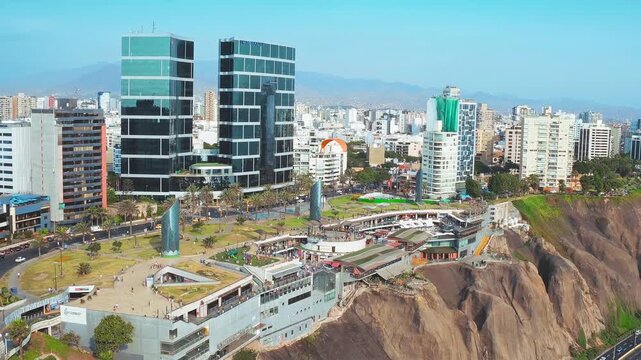 Aerial View of Miraflores Skyline and Larcomar in Lima Peru