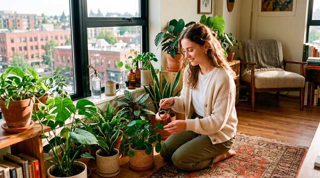 Young woman tending indoor plants in a bright living room with natural light