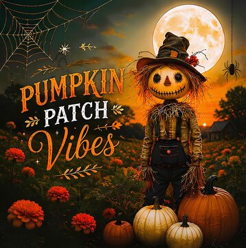 Halloween background with pumpkin, scarecrow and bats