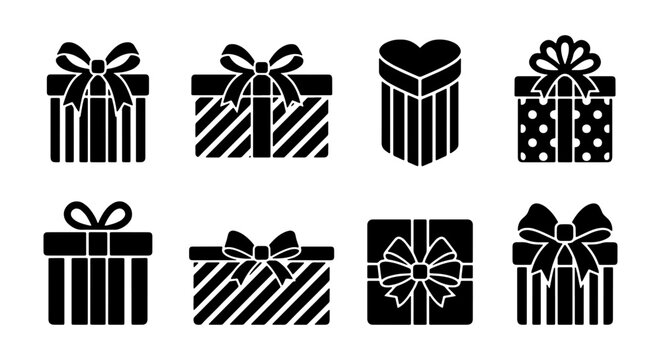 Set of 8 Black Gift Boxes with Ribbons, Vector Icons for Celebration and Presents, Simple Present Packages