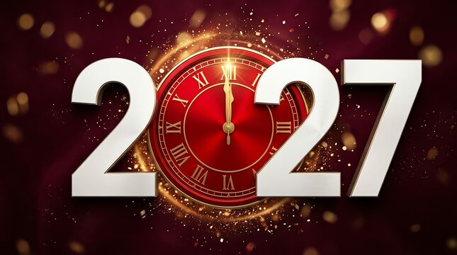 Happy new year 2027 celebration background with a glowing red clock and golden bokeh light effects