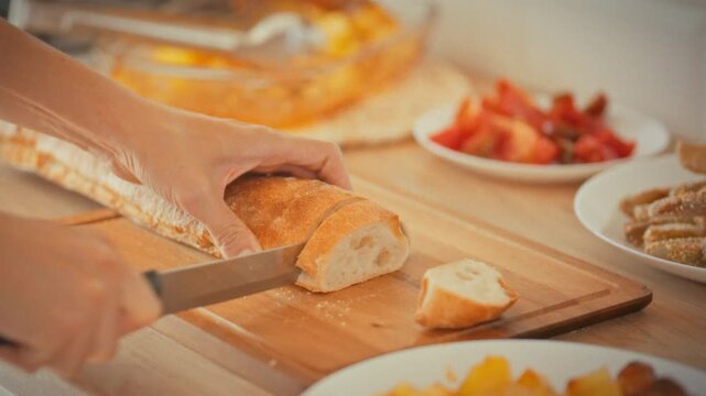 A housewife cuts fresh bread into small portions with a serrated knife on a wooden kitchen board on a summer day. The process of cooking. The theme of healthy home cooking and home cooking