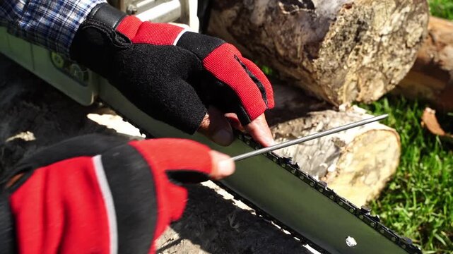 Worker adjusts chainsaw blade outdoors. Hands wear red and black gloves. Log stack rests on grassy ground. Person shows careful, practical focus. Use for outdoor, DIY, or forestry projects