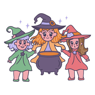 Kawaii witch coven Halloween cartoon