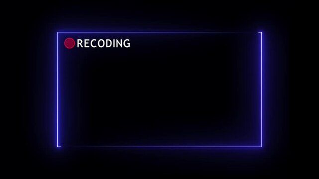 Glowing neon video recording border overlay with red REC recoding dot icon for web-cam layout, live broadcast, podcast video template, virtual meeting background and content creation element.