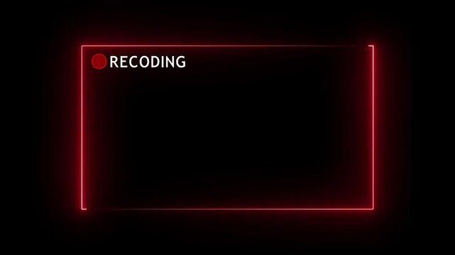 Glowing neon video recording border overlay with red REC recoding dot icon for web-cam layout, live broadcast, podcast video template, virtual meeting background and content creation element.