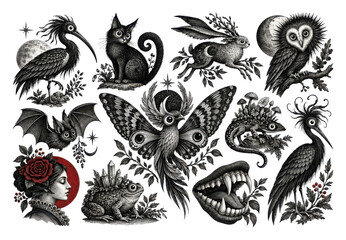 Obraz premium PNG Intricate gothic bird and animal botanical engraving collage