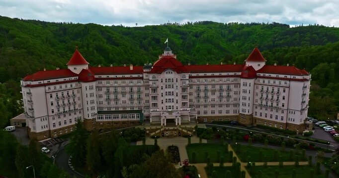 Aerial view of a beautiful forest city featuring incredibly fairytale, like architecture and thermal springs with healing water, Karlovy Vary, Czech Republic