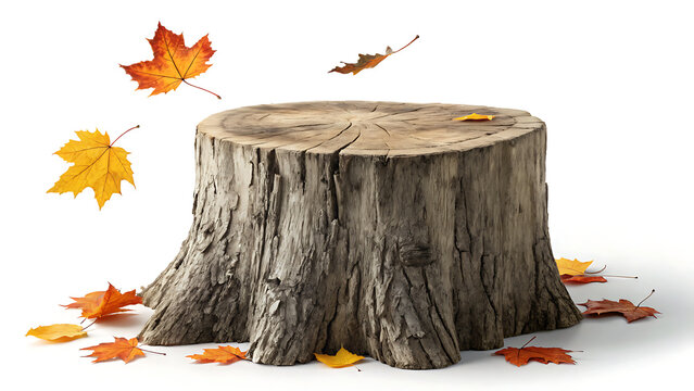 Tree stump with falling autumn maple leaves isolated on white