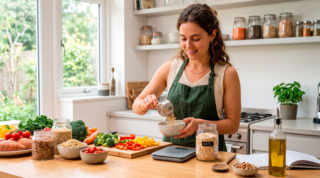 Young woman measuring ingredients for cooking in a bright kitchen with natural light