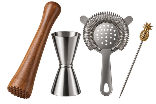 A set of bar tools including a wooden muddler, stainless steel jigger, Hawthorne strainer, and a cocktail pick with a pineapple charm , Transparent Background, AI generative