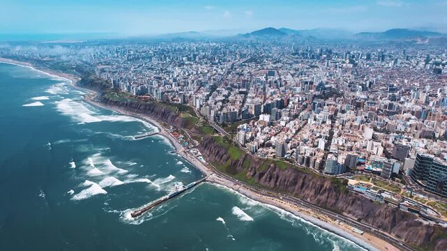 Aerial View of Miraflores Coastline and Cityscape in Lima Peru
