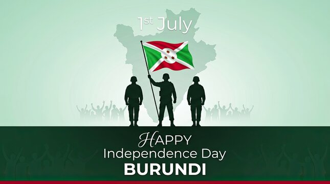 Burundian soldiers holding the national flag in front of a map for Independence Day celebration