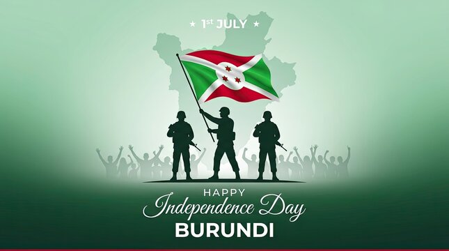 Soldiers holding national flag during burundi independence day celebration with crowd cheering with while crowd cheers soldiers stand flag raising flag waving commemoration silhouettes gathering