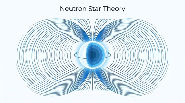 Neutron star theory diagram illustrating magnetic field lines and rotational spin in a professional educational vector illustration for astrophysics