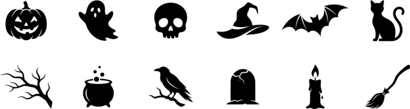 Halloween holiday silhouette set featuring spooky pumpkin ghost skull witch hat bat cat icon vector.