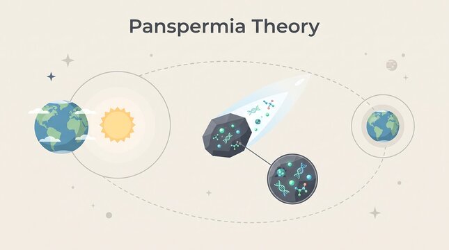 Panspermia theory vector graphic showing comet delivering biological material to a planet in outer space