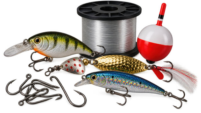 A collection of fishing gear, including lures, hooks, a bobber, and fishing line, ready for an outdoor adventure , Transparent Background, AI generative