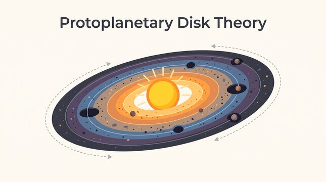 Protoplanetary disk theory diagram showing planets forming around a central star in a rotating disk of matter