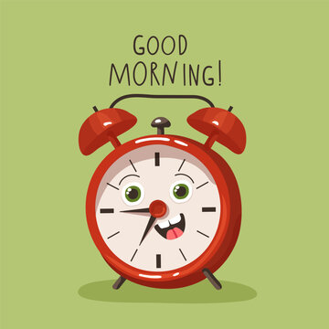 Vector illustration with red alarm clock character and quote good morning. Perfect for creating educational materials and thematic design.
