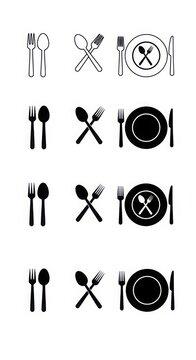 Collection of dining icons with plate fork and spoon cutlery set food service restaurant tableware