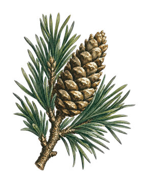 PNG Detailed vintage pine branch with cone and needle clusters