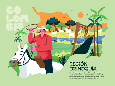 Illustrated map of the Orinoqu&iacute;a region featuring representative elements