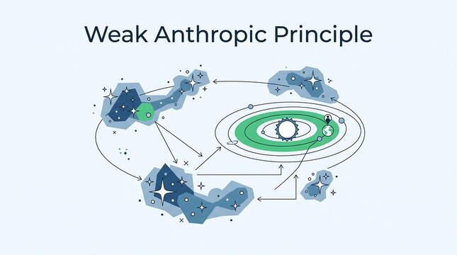 Weak anthropic principle diagram showing observer dependence in a cosmic environment as a flat vector illustration for education