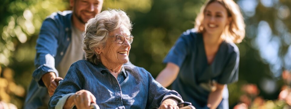 Two caregivers assist elderly woman in wheelchair at park on sunny day