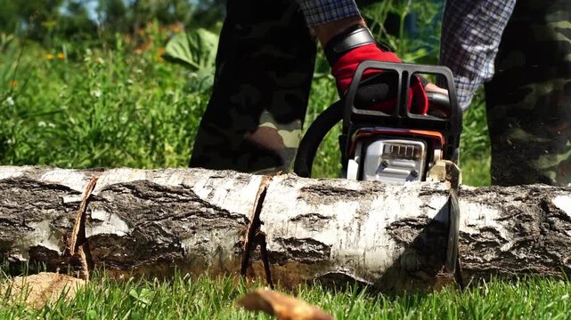Man cuts log with chainsaw on grassy ground. Hands steady tool as blade engages wood. Green grass surrounds sawing action. Tool hums as worker focuses on task