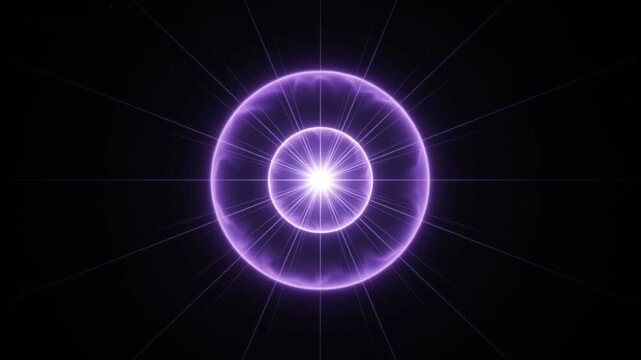 Purple energy orb with glowing light rays, futuristic plasma sphere on black background, ethereal magic portal effect for sci-fi motion graphics