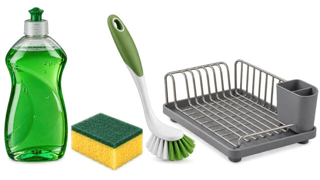 Dishwashing supplies including a bottle of green dish soap, a scrub brush, sponge, and dish rack , Transparent Background, AI generative