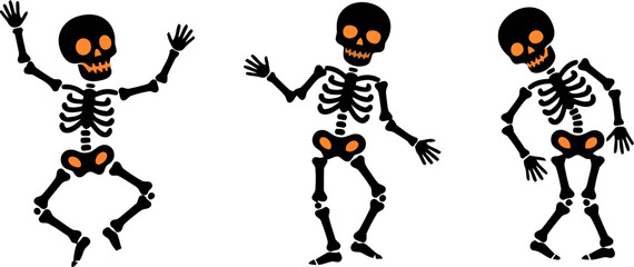Fototapeta premium Set of three hand drawn cartoon skeletons dancing and posing in a fun and spooky halloween style