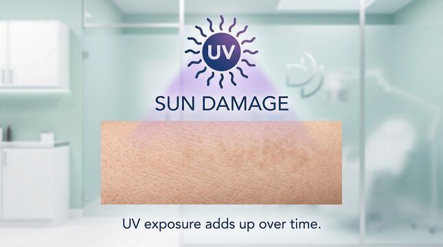 Medical conceptual visualization of sun damage on human skin under UV light in a professional skincare clinic setting to illustrate aging and long term ultraviolet ray exposure effects