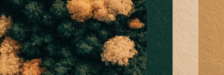 Fototapeta premium Aerial perspective shows deep autumn forest combining dark green and warm cream. Conifer trees display rich colors in a fall landscape.
