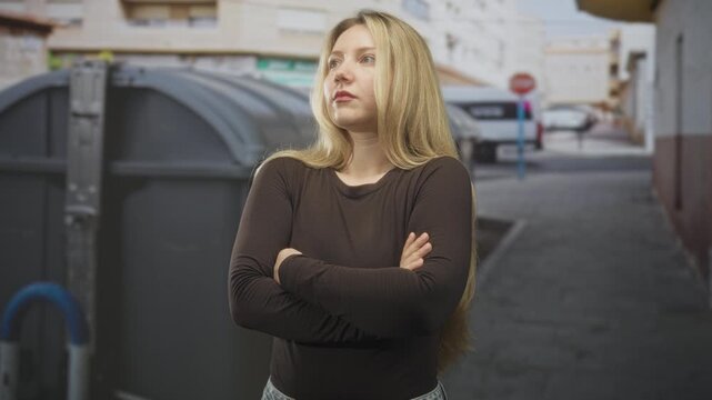 Woman standing with crossed arms by a dumpster in a narrow urban street beside a parked van and stop sign; defiance solitude.