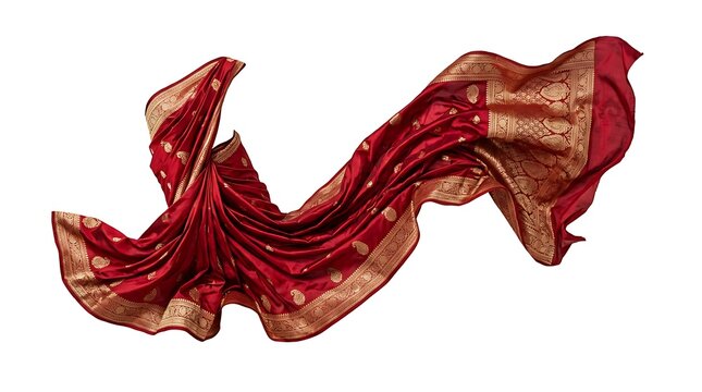 Decorative red silk dupatta with golden embroidery details