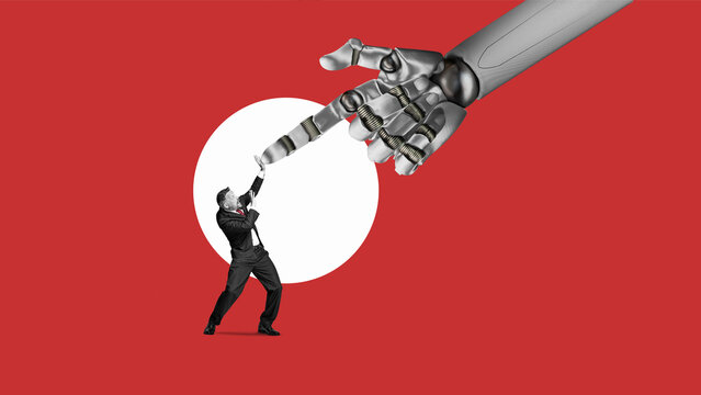 People fear AI robots. Artificial intelligence concept for businesses.   White cyborg robotic hand pointing his finger, folded up like a pistol to tiny businessman.