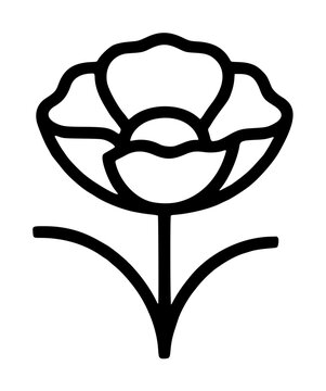 Hand-traced poppy flower vector icon in bold black outline, simple botanical line art illustration with petals and stem for print and digital design projects - detailed commercial stock imagery with