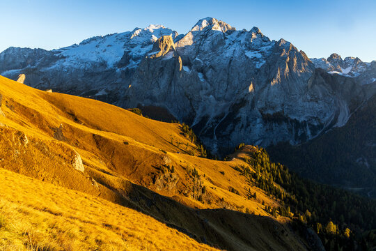 A view of Marmolada from the ridge above Passo Pordoi on a sunny autumn evening, with golden meadows.