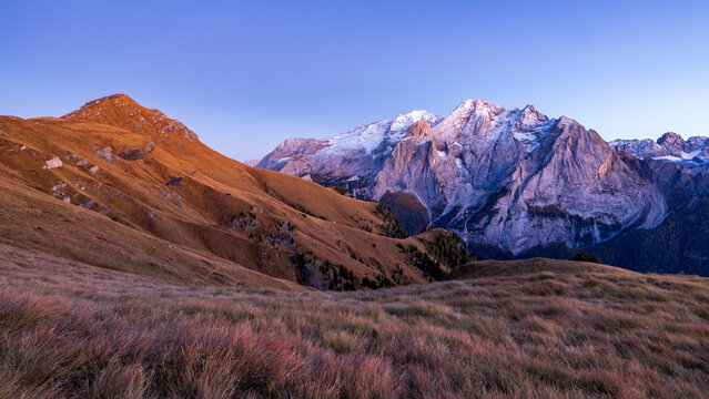 Evening view of Marmolada from the viewpoint above Passo Pordoi