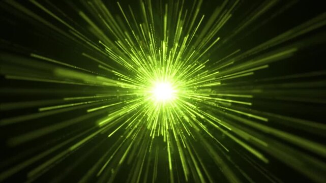 Green light rays exploding from center, abstract glowing starburst animation, bright neon laser beams background for sci-fi and technology visuals