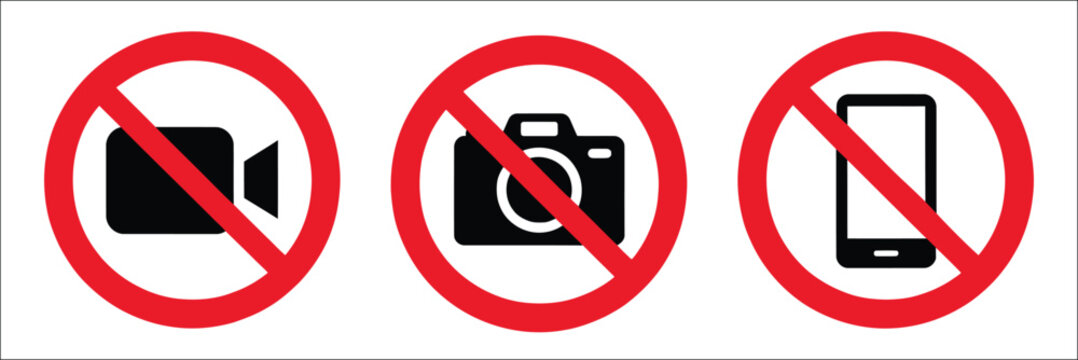 Prohibition sign set featuring no photography, no video recording and no mobile phone use symbols for safety rules and public notices.